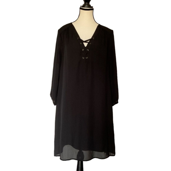 $10$ add on Luxology Black sheer chiffon layered Lace-Up 3/4 Sleeve Dress Size 8 - Picture 2 of 10
